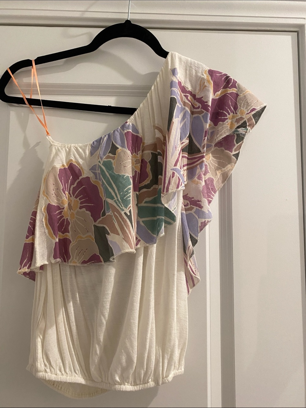 Free People Cream One-Shoulder Floral Ruffle Top with Purple & Teal Accents